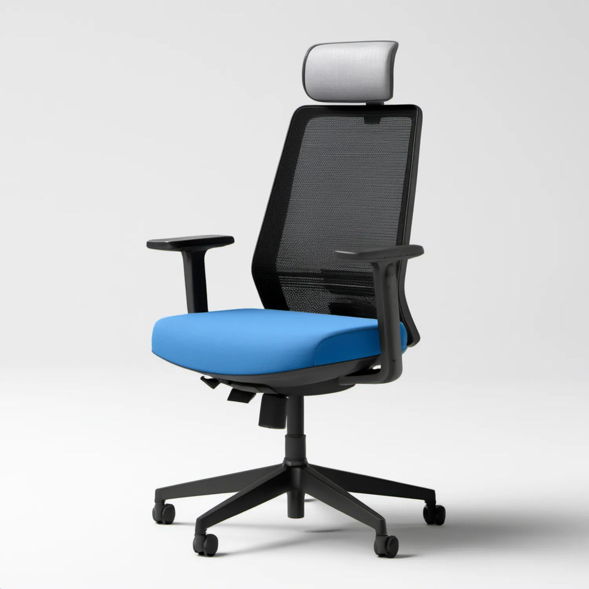 Ergonomiczny fotel biurowy obrotowy z zagłówkiem, siatkowym oparciem i regulowanymi podłokietnikami, czarno-niebiesko-szary, 64 x 64 x 118–128 cm
