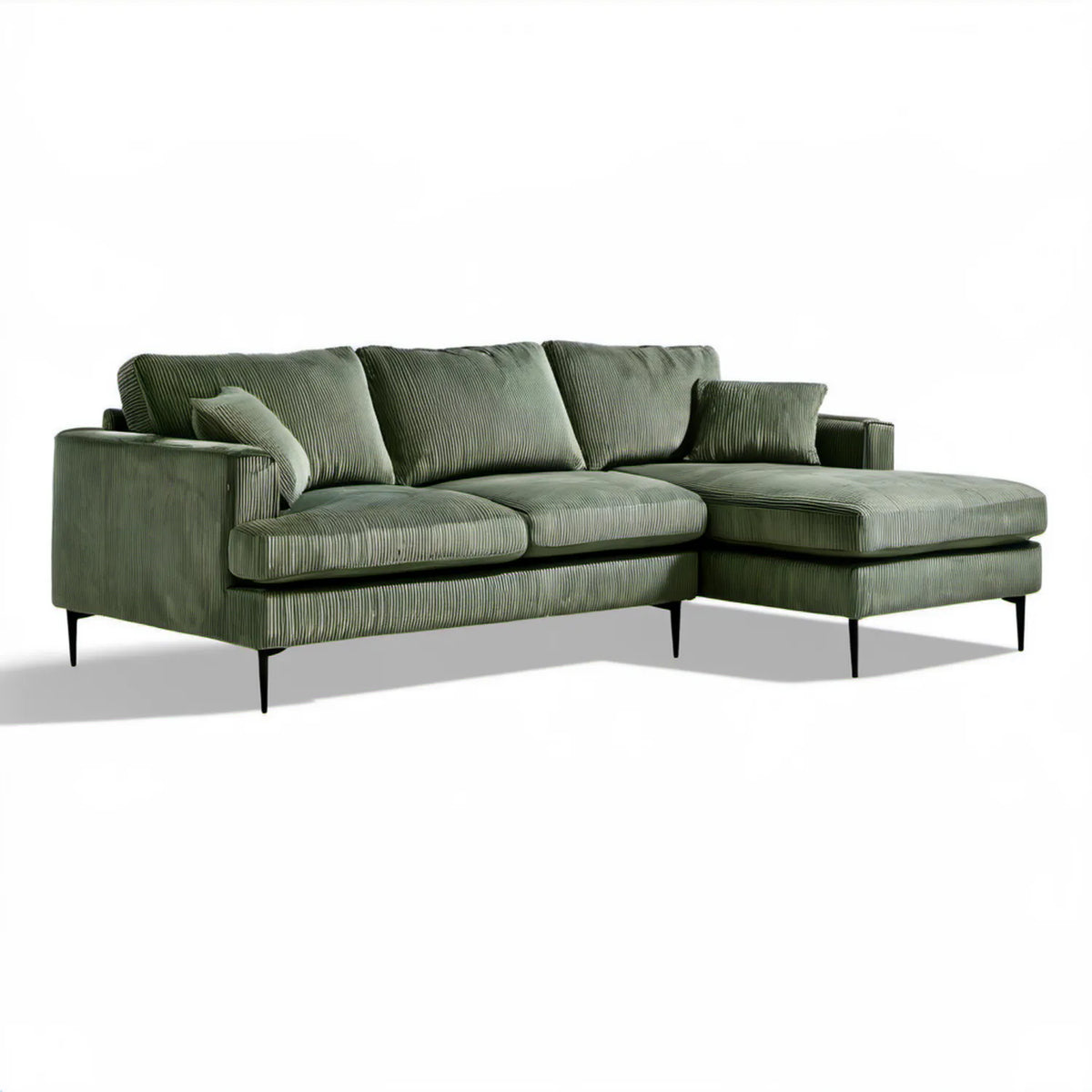 Zielona sofa narożna w kształcie L z prawostronnym szezlongiem, sztruksowa, 260 × 160 × 85 cm