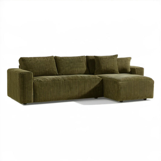 Sofa narożna z prawostronnym szezlongiem, sztruksowa, oliwkowozielona, 250 × 160 × 85 cm
